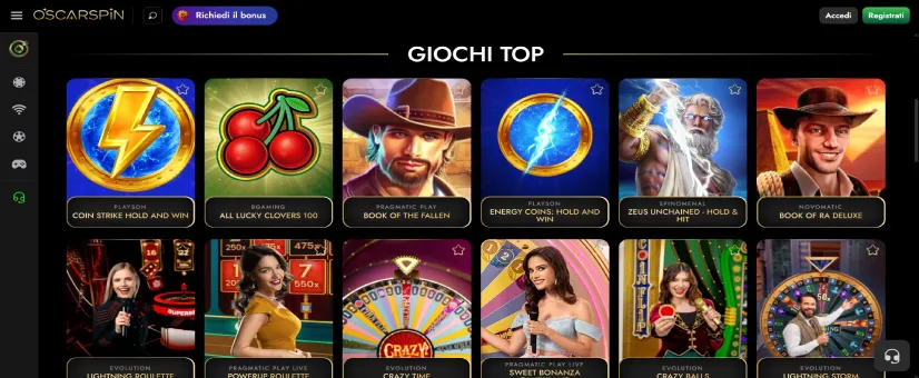 Στιγμιότυπο οθόνης της κύριας σελίδας του Oscarspin Casino